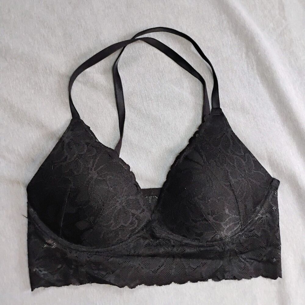 PINK Longline Bra Womens S Black Floral Lace Crossback Padded Molded Adjustable